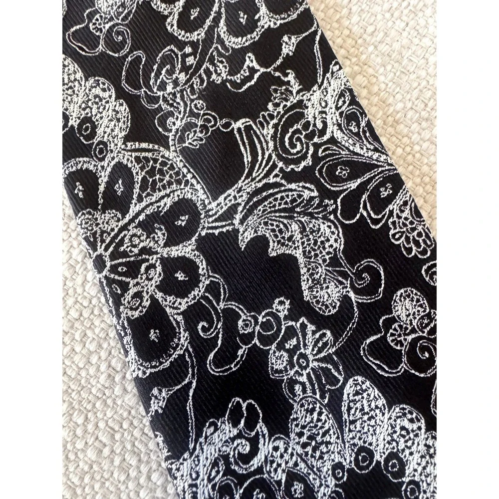 Christian Lacroix Mens Silk Tie Black White Floral Pattern Made in ITALY